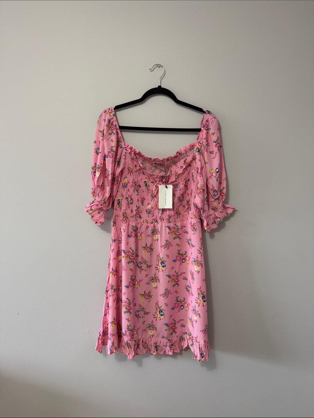 Faithfull the Brand Pink Floral Smocked Puff-Sleeve Mini Dress
